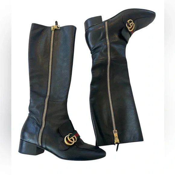 Gucci Malaga Kid GG Marmont Calfskin Leather Knee High Riding Boots - Picture 9 of 14